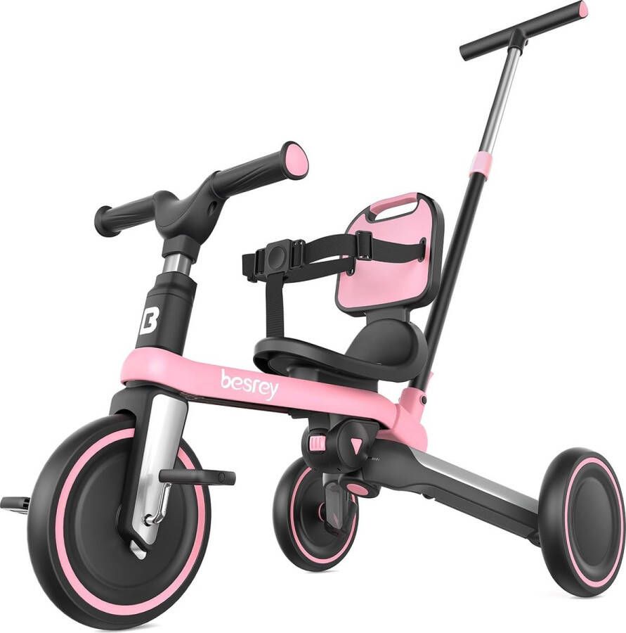 7-in-1 driewieler voor kleine kinderen met stuurgreep voor 1-5 jaar opvouwbare loopfiets peuterfiets met wielkoppeling grotere wielen afneembare pedalen in hoogte verstelbare zitting roze