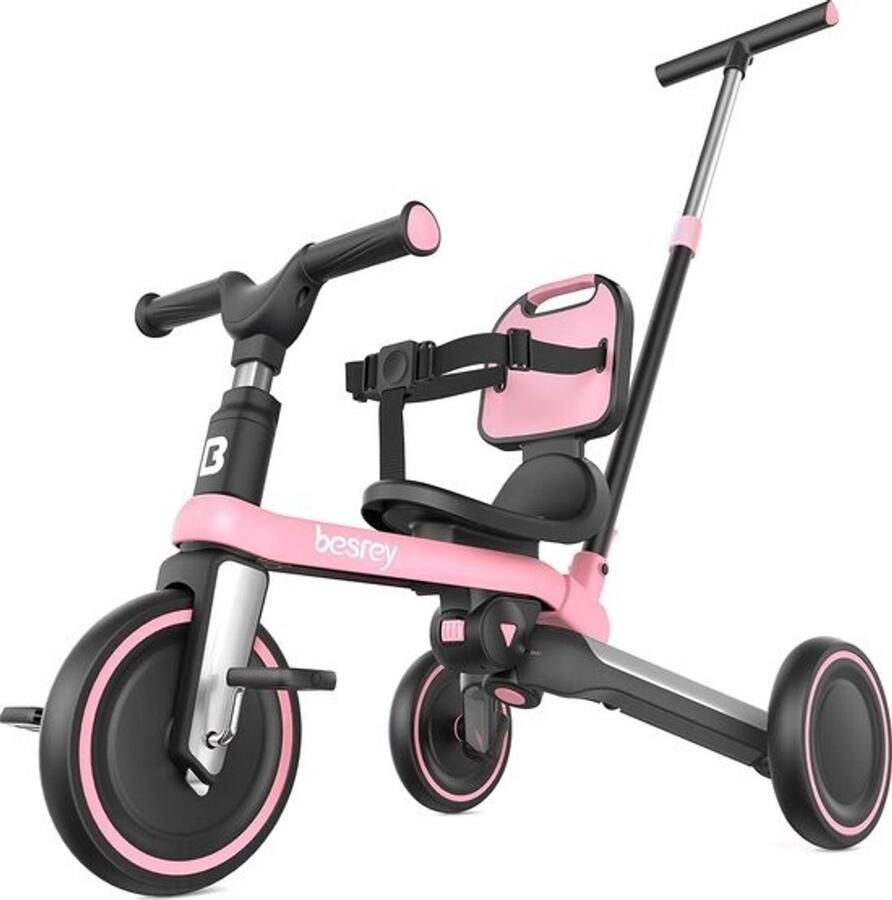 7-in-1 driewieler voor kleine kinderen met stuurgreep voor 1-5 jaar opvouwbare loopfiets peuterfiets met wielkoppeling grotere wielen afneembare pedalen in hoogte verstelbare zitting roze
