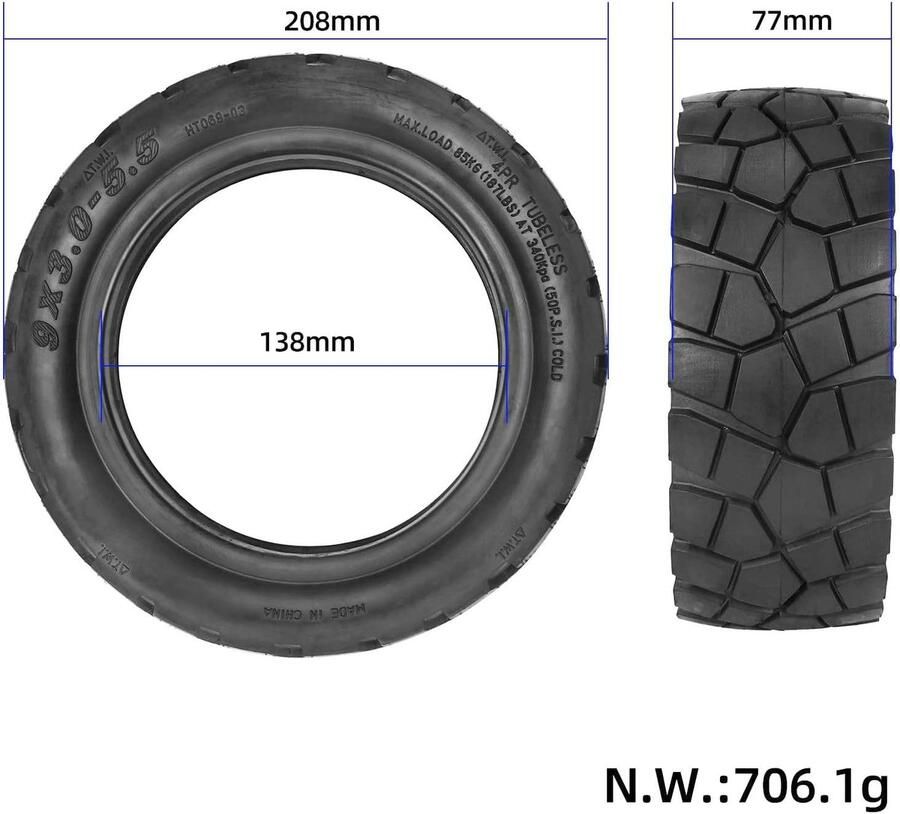 9 x 3 0-5 Tubeless banden voor Kukirin G2 Pro (NIEU) elektrische scooter 9 inch reservebanden tubeless vacuüm banden voor achter (1 stuk)