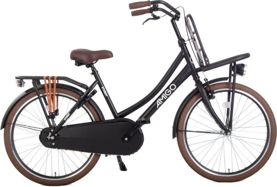 AMIGO Sturdy Transportfiets Omafiets met voordrager Kinderfiets 43 cm 24 inch Terugtraprem & V-Brake Matzwart