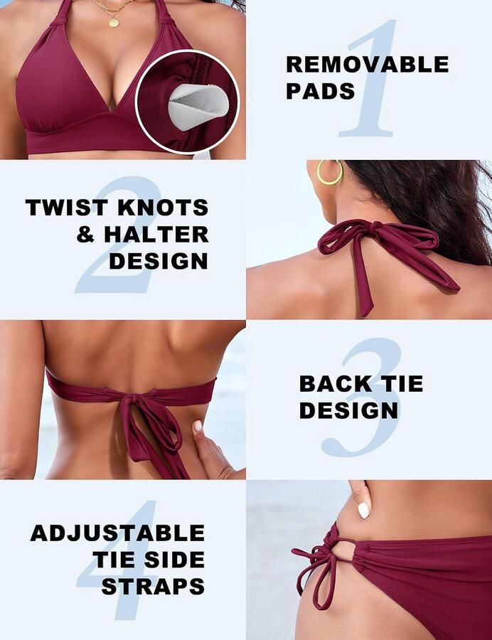Bikini voor dames triangel-bovendeel met knoopdetail string nekhouder bikinitop voor grote borsten afneembare pads badpak retro sport