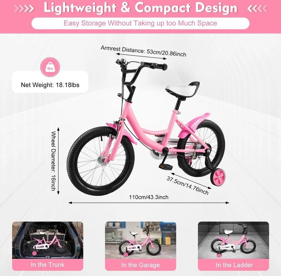 Dailygoods 16 inch kinderfiets met zijwiel voor kinderen van 5-8 jaar oud 100-135 cm in hoogte verstelbaar fietslager 5