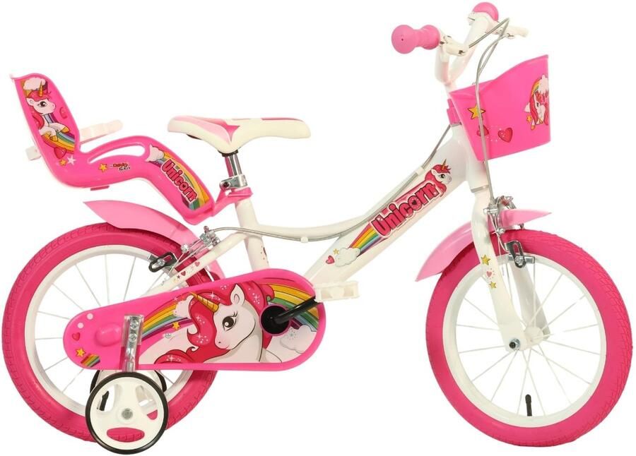 Dailygoods- Kinderfiets 16 Inch Roze Fiets met Eenhoornsticker Verstelbaar Zadel Stuur Afneembare Steunwielen Inclusief Mandje Veiligheidswaarschuwing No Luchtbanden