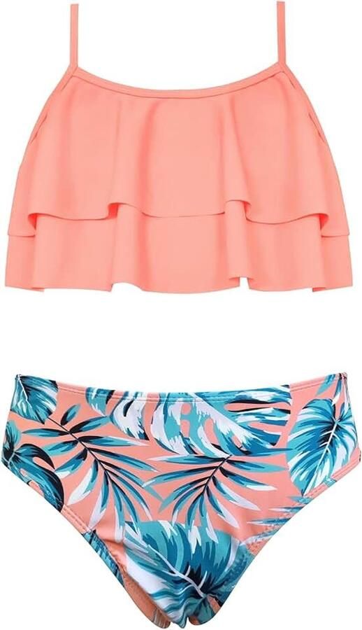 Dames Tweedelige Ouder-kind Bikini Set Schattig Volants Verstelbaar Bikini Bovendeel Retro Afdrukken Hoge Taille Bikini Broekje Meisje Strand Bikini Badpak