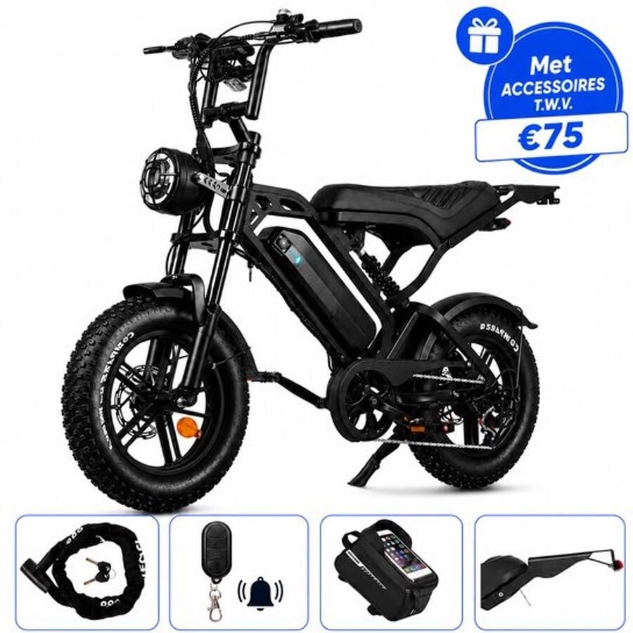 Ebikekopen.com Fatbike V20 Comfort Rijklaar Lage opstap Nieuwste Model Hydraulische remmen 2026 2027 Model Incl. Slot Telefoonhouder Alarmsysteem Voorrekje Voetensteuntje Met Accessoires Ebike Elektrische Fiets QMwheel
