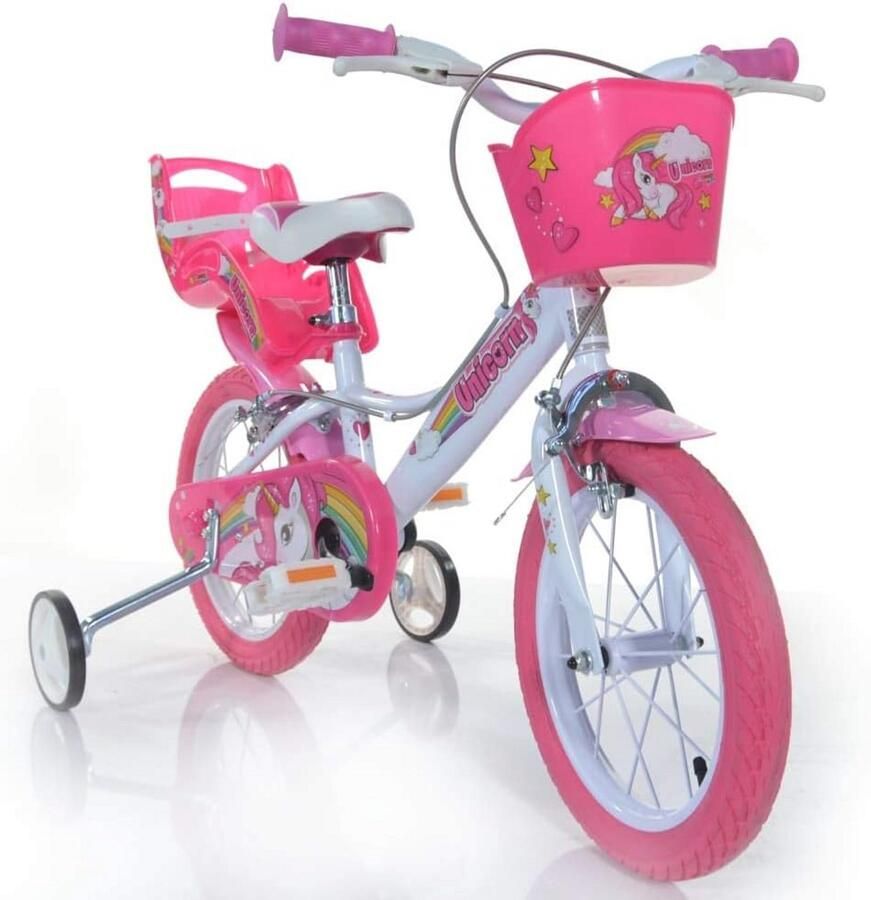 Eenhoorn Kinderfiets 14 Inch Wit Roze met Zijwieltjes en Fietsmand