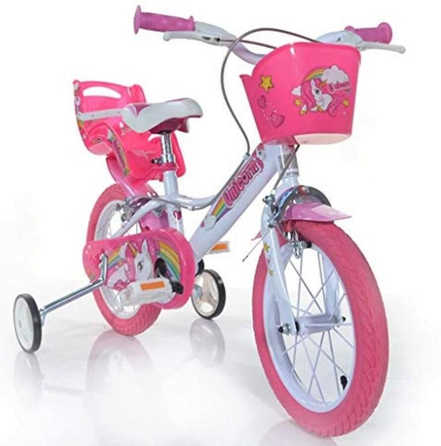 Eenhoorn Kinderfiets 14 Inch Wit Roze met Zijwieltjes en Fietsmand