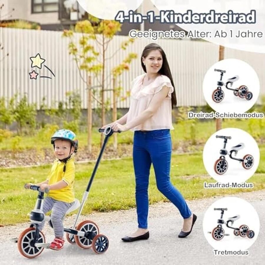 Elzusha 4-in-1 Kinderfiets met Verstelbare Duwhendel en Afneembare Pedalen