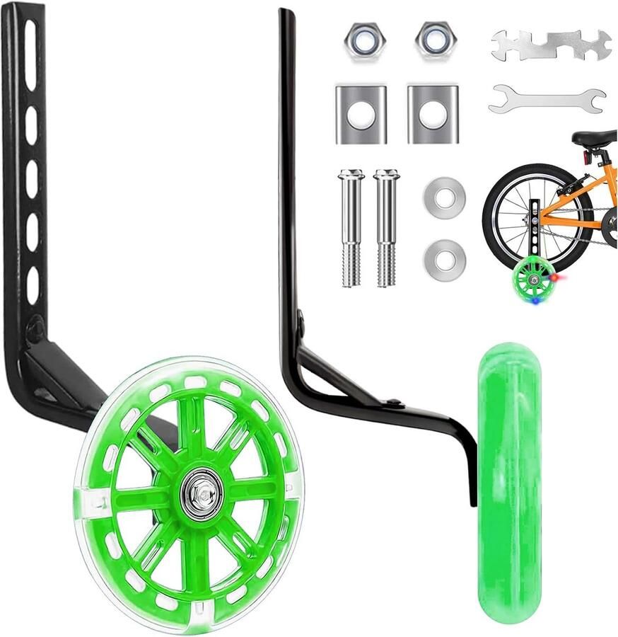 F1 Paar Steunwielen universele fietssteunwielen instelbare steunwielen kinderfiets volwassenen hulpwielen voor 12 14 16 18 20 inch singlespeed fiets (Groen)