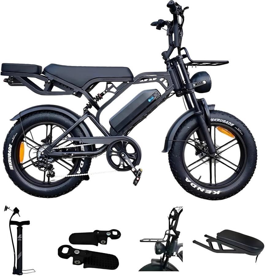 Fatbike V20 Pro Direct Leverbaar -NFC CHIP Start functie Inclusief Accessoires Achterzitje Voorrekje Voetensteuntjes Telefoonhouder Hydraulische Rem Zwart
