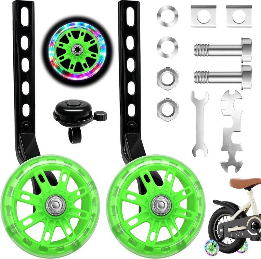 Fiets Steunwielen Hulpwielen Kinderfiets Leren Fietsen Knipperende LED's 12-20 Inch Groen