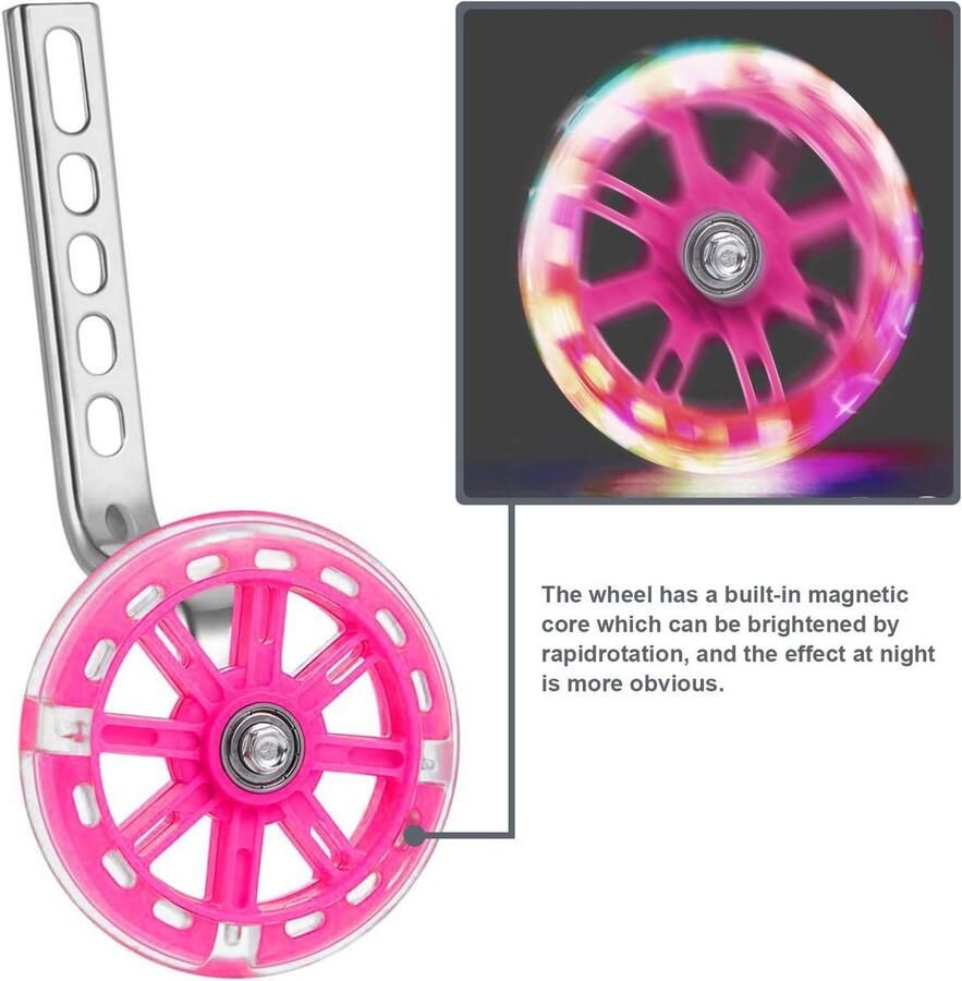 Fietsstabilisatoren voor kinderfiets 12-inch Roze LED Verstelbaar Stabilisatoren voor balans Trainingswielen Zwaar gebruik Ondersteuning Componenten inclusief