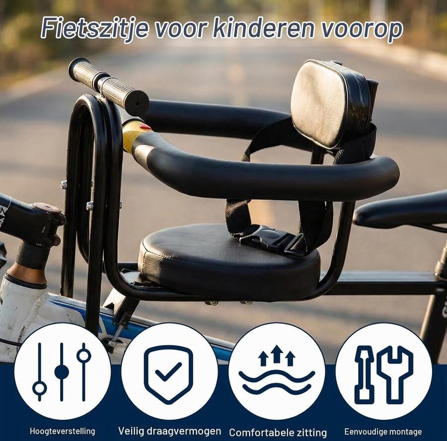 Fietszitje voor kinderen vooraan afneembare kinderstoel met vangrail & rugleuning & zacht zitkussen & in hoogte verstelbaar pedaal voor MTB racefiets vouwfietsen voor kinderen van 1~4 jaar (tot 40