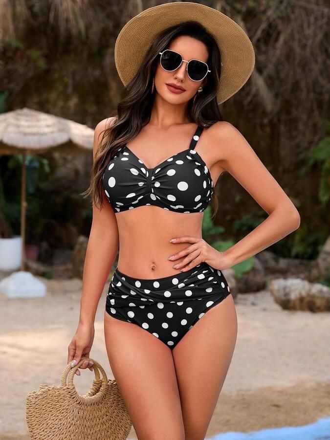 Gedraaide plooien hoge taille bikini tweedelig badpak retro bandjes hoge taille bikini