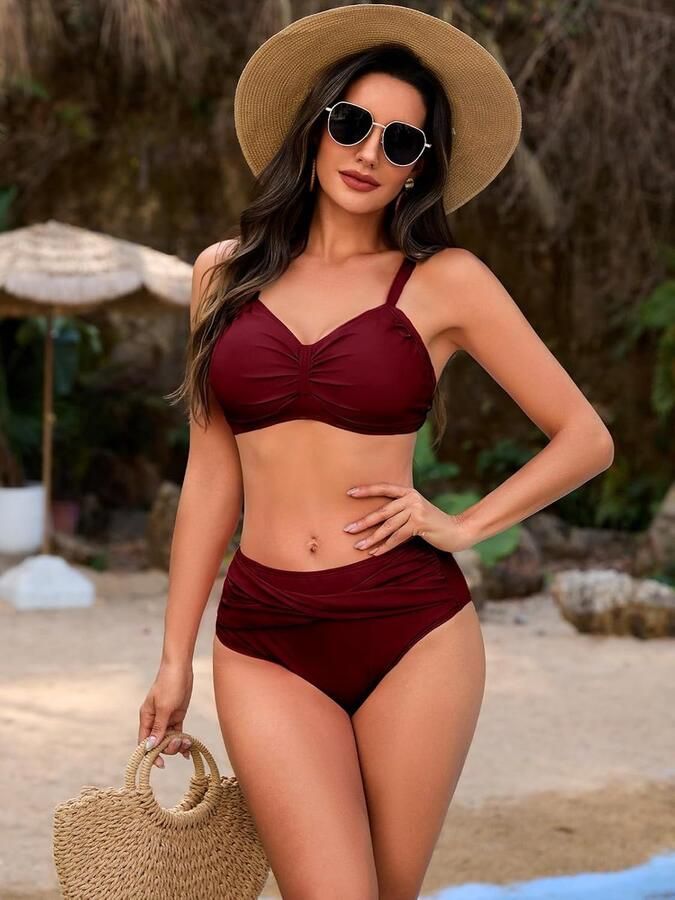 Gedraaide plooien hoge taille bikini tweedelig badpak retro bandjes hoge taille bikini