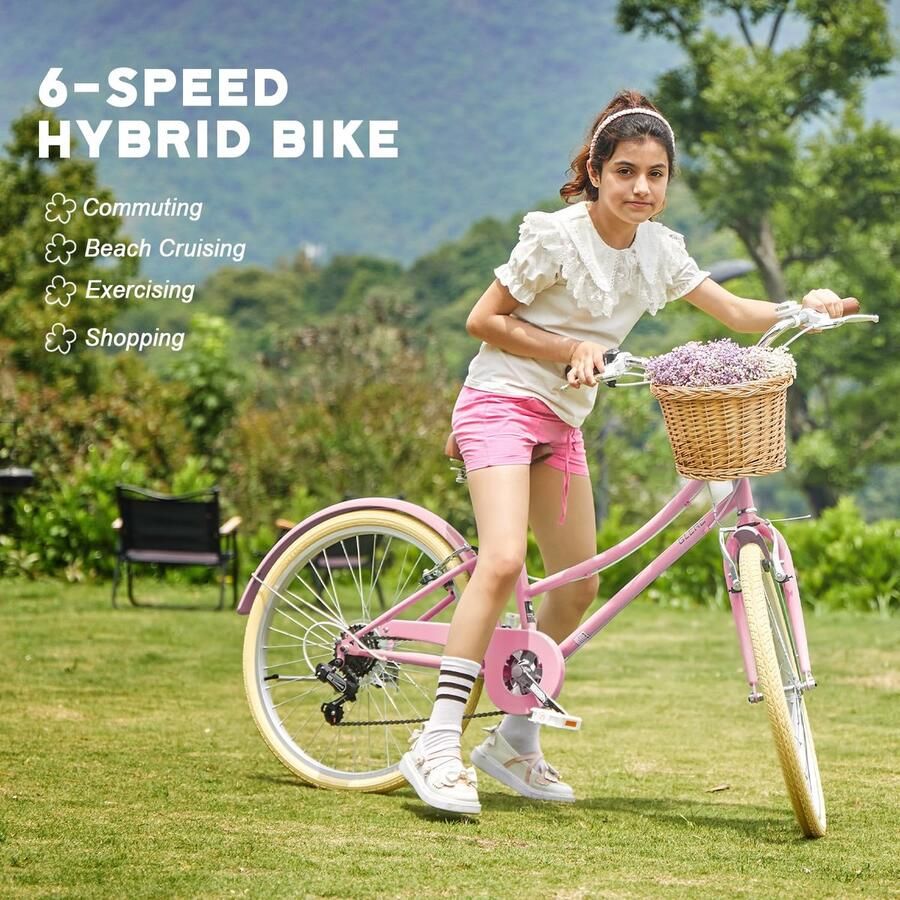 Glerc Missy Cruiserfiets voor Meisjes 24 Inch Kinderfiets 6 Versnellingen Cruiser Dames Hybride voor Jongeren van 8 9 ShopVlot