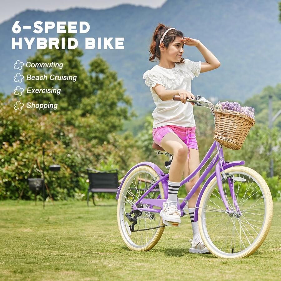 Glerc Missy Cruiserfiets voor Meisjes 24 Inch Kinderfiets 6 Versnellingen Cruiser Dames Hybride voor Jongeren van 8 9 ShopVlot