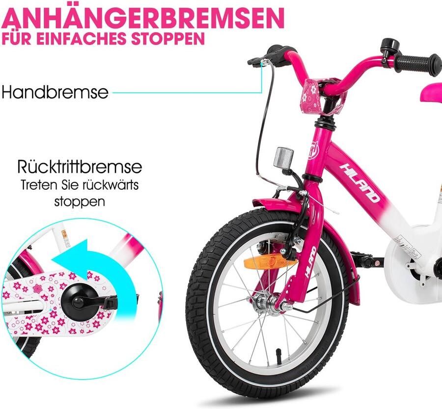 HILAND Kinderfiets voor meisjes 4 5 en 6 jaar roze 16 inch met steunwielen handrem terugtraprem bagagedrager ShopVlot