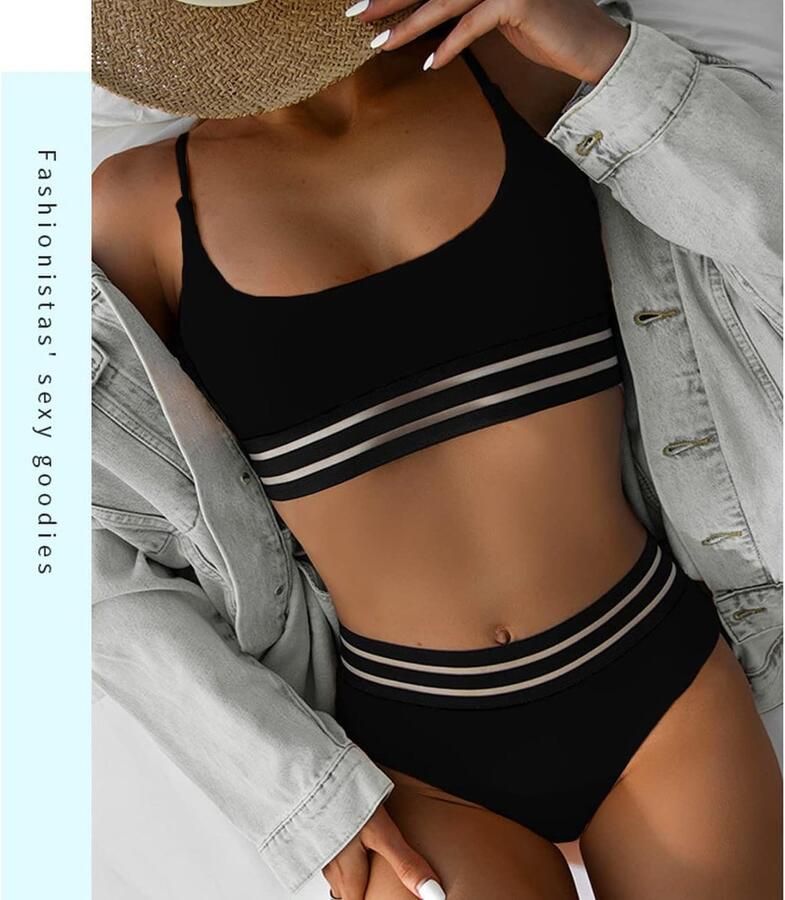 Hoge Taille Sport Bikini Set Kleurblok Badpakken Gewatteerde Retro Mesh Bodem Badmode Twee Stuks Zwemmen Kostuum Verstelbare Riem Badpakken Zwart S