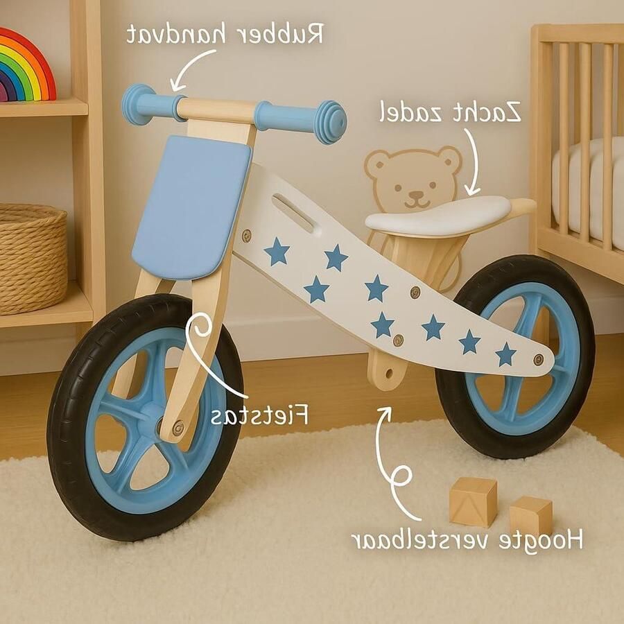 Houten Loopfiets Kinderfiets Balans Motoriek Ontwikkeling Verstelbaar Zadel 12 Inch Banden Wit Met Sterren