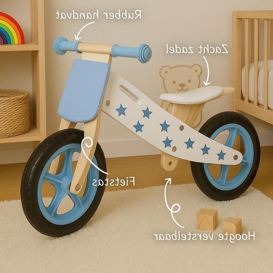 Houten Loopfiets Kinderloopfiets Peuters Leren Balanceren Multiplex Frame 12 Inch Banden Wit Met Blauwe Sterren