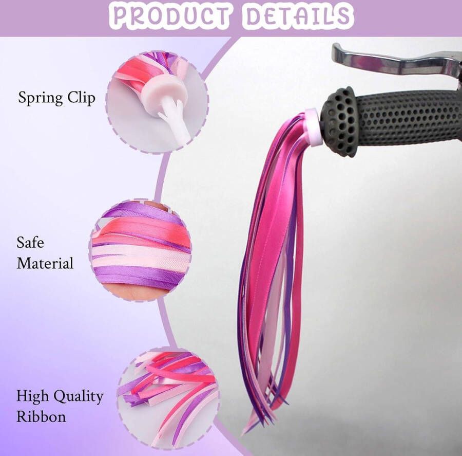 HTML Content 2 paar kleurrijke fietsstuurkwasten en streamers voor kinderfiets en scooter en paars roze