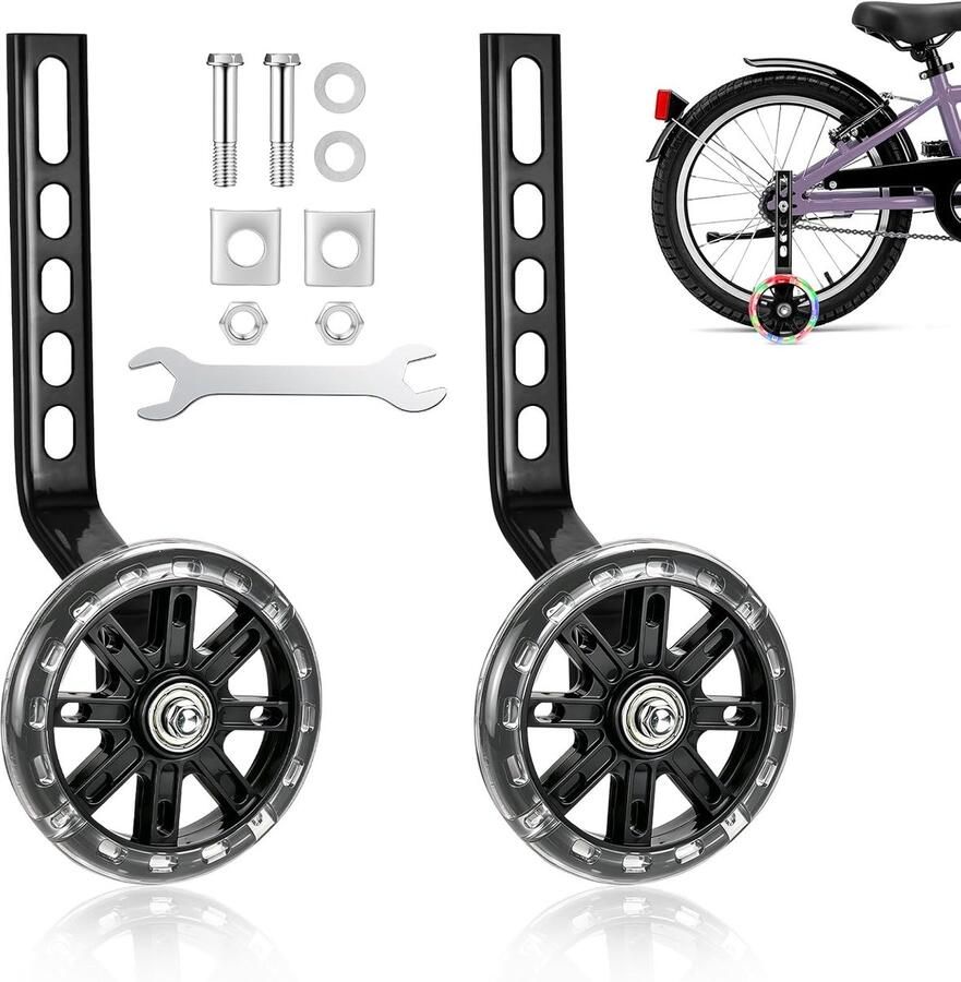 Hulpwielen Kinderfiets Zijwieltjes Set Veilig Leren Fietsen Knipperlicht Functie 12-20 Inch Zwart