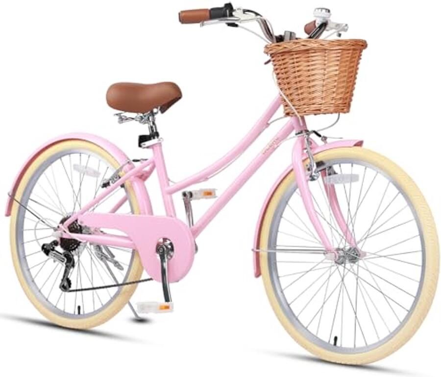 Hybride stadsfiets voor kinderen met 6 versnellingen meerdere kleuren en rieten mand