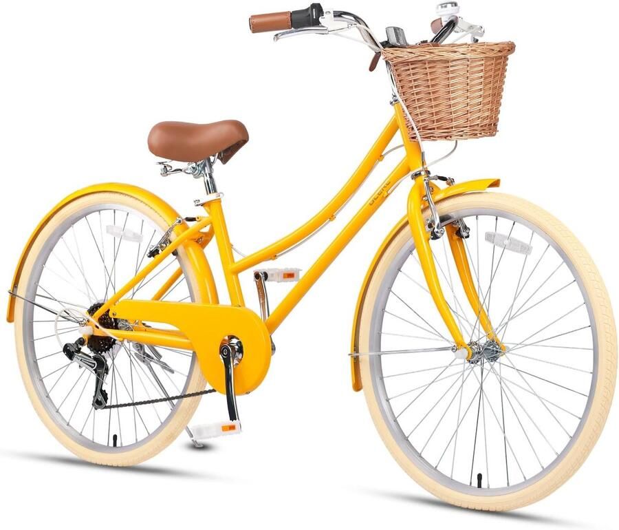 Hybride Stadsfiets voor Meisjes met 6 Versnellingen en Rieten Mand Comfortabel en Lichtgewicht