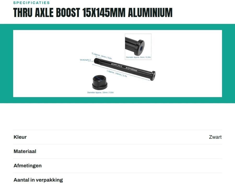 Inovra- Vooras Aluminium Thru Axle 15x145mm M14xP1.5 Mountainbike Schacht Lichtgewicht As