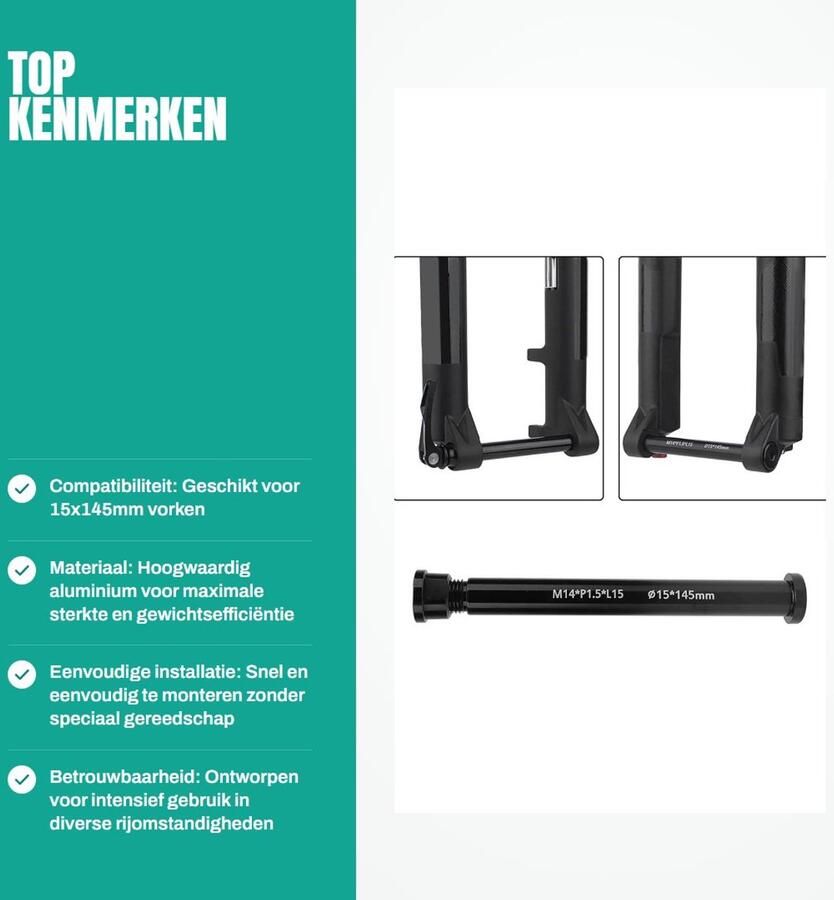 Inovra- Vooras Aluminium Thru Axle 15x145mm M14xP1.5 Mountainbike Schacht Lichtgewicht As