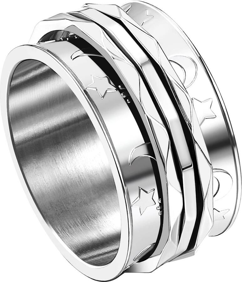 JewelryWe Retro Fidget Spinner Ring Womens Maan en Ster Patroon Draaibare Angst Relief RVS Ring Bands