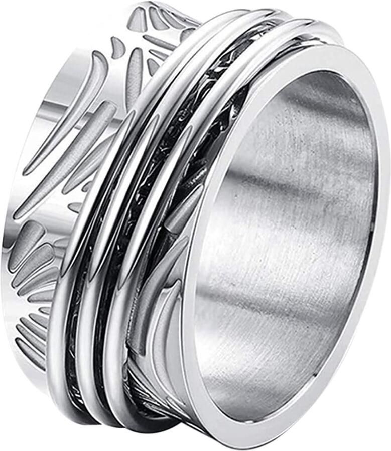 JewelryWe Sieraden Fidget Angst Ring Dames Retro Maan Sterren Roestvrij Staal Draaibare Anti Stress Band Ring met Gravure Zilver