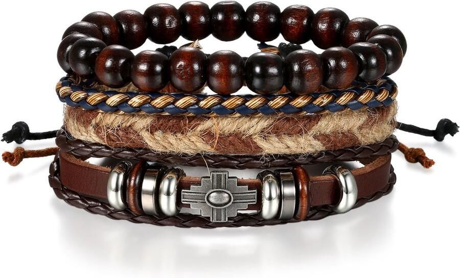 JewelryWe Sieraden handgemaakte armband meerdere rijen chet retro hout kralen gevlochten leer legering fantasie voor en