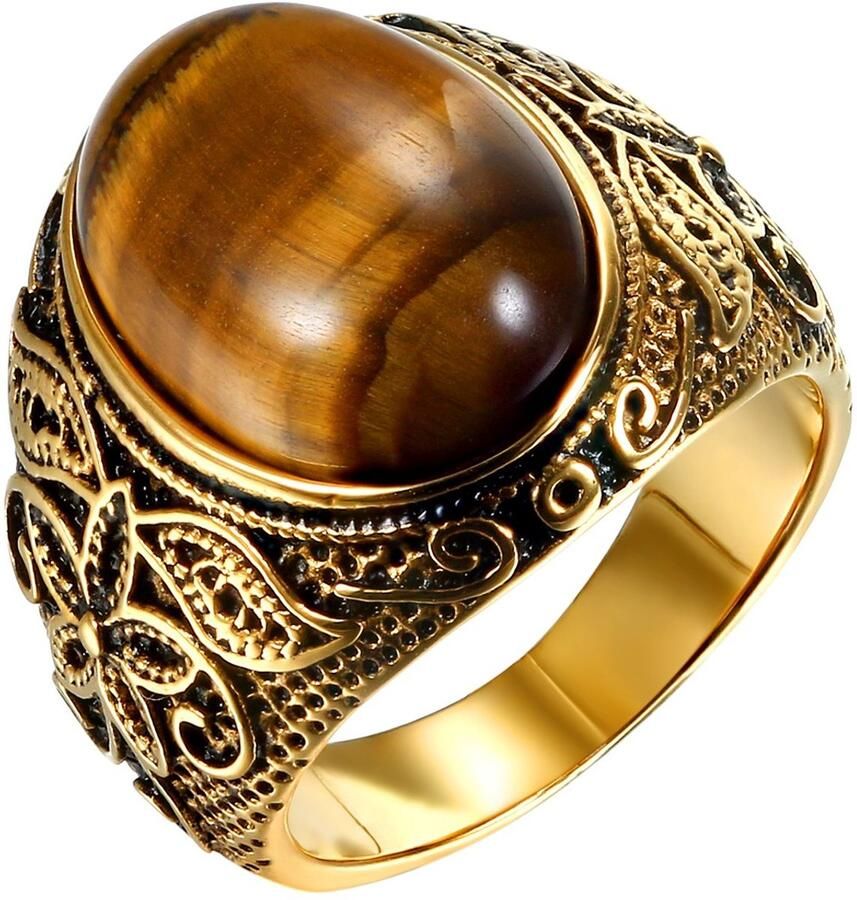 JewelryWe Sieraden herenring tijgeroog roestvrij staal retro klassiek gesneden bloe patroon ring band goud