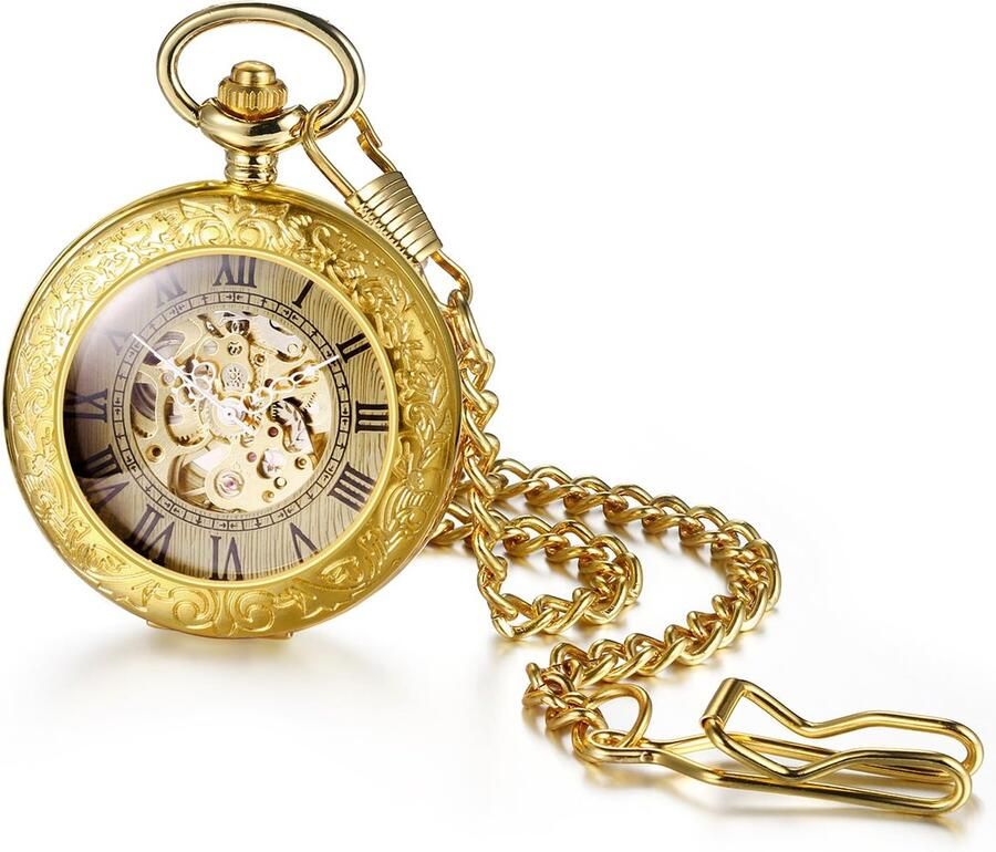 JewelryWe Zakhorloge automatisch mechanisch heren retro Romeinse cijfers steampunk skelet horloge met ketting Gesneden bloemenpatroon goud vintage