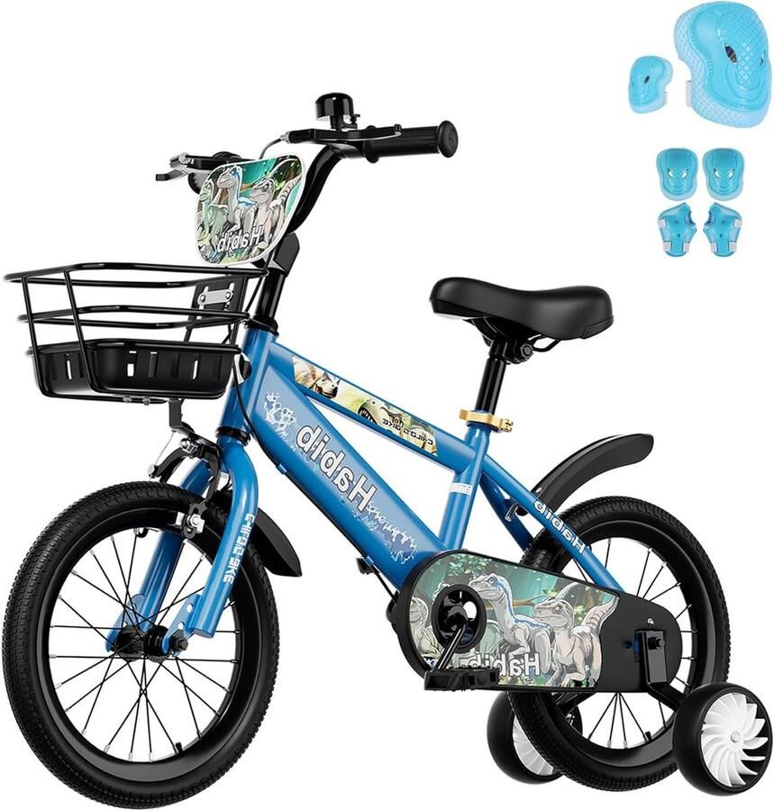 Jongensfiets Dino Kinderfiets Loopfiets Leren Fietsen Complete Set 14 inch Blauw