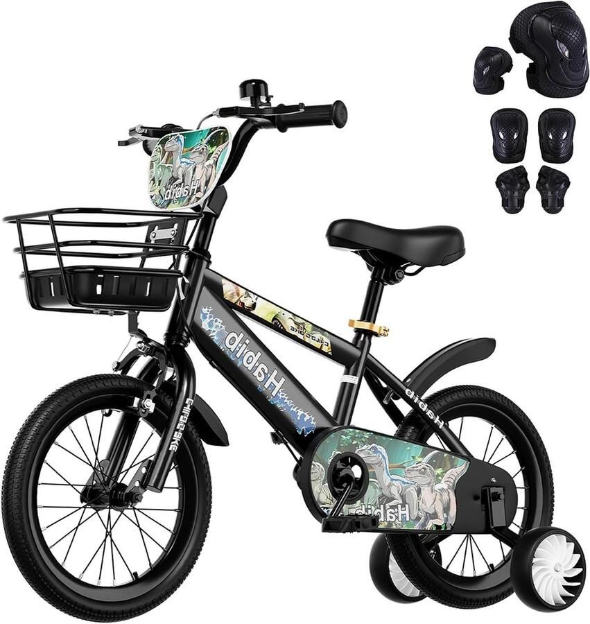 Jongensfiets Dino Kinderfiets Set Avontuurlijk Spelen Complete Beschermingsset 14 inch Zwart