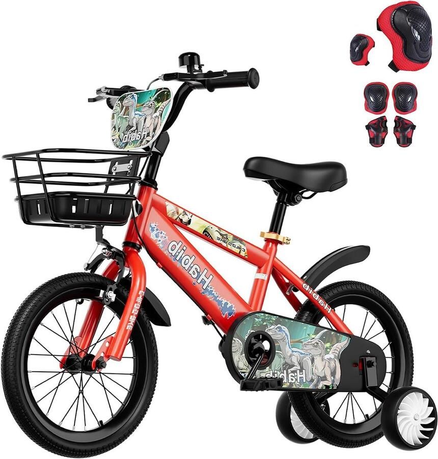 Jongensfiets Dino Kinderfiets Steunwielen Leren Fietsen Complete Set 14 inch Rood