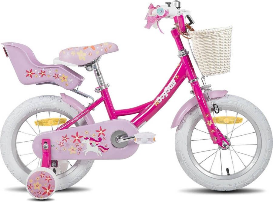 JOYSTAR New Unicorn 16 inch Kinderfiets voor Meisjes van 3-9 Jaar Met Poppenzitje Steunwielen Mand en Streamers