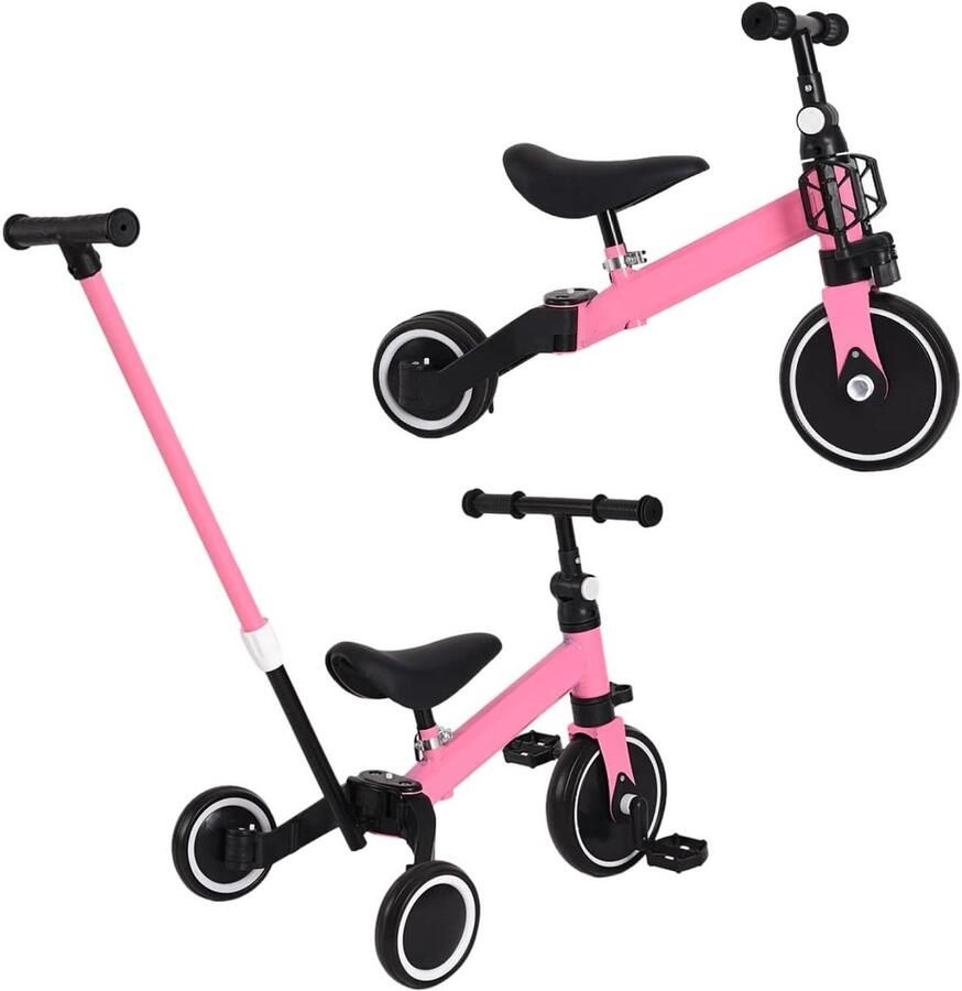 Kinder driewieler Loopfiets babyfiets Buiten spelen 4-in-1 meegroeiend ontwerp 60 x 42 x 49 cm Zwart-roze
