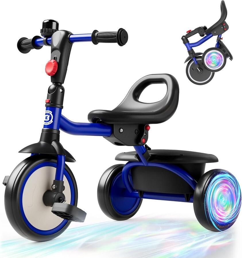 Kinder driewieler Peuterfiets loopfiets Buiten spelen Knipperende LED wielen 18 maanden tot 5 jaar Blauw