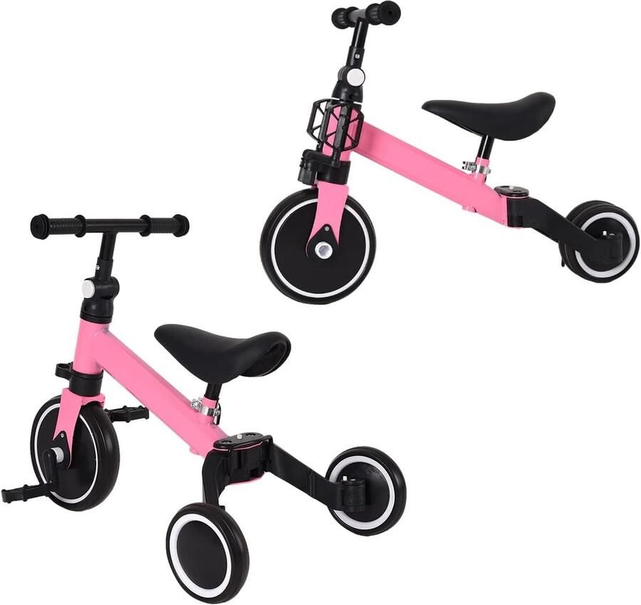 Kinderdriewieler 3-in-1 Loopfiets Mini-fiets Leren Fietsen Afneembare Pedalen 65x20x17 cm Zwart-roze