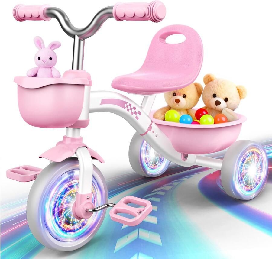 Kinderdriewieler met LED wielen verstelbare zitting stabiel frame comfortabele kinderfiets voor buitenspelen en leren fietsen