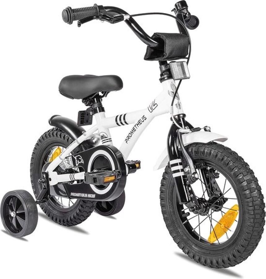 Kinderfiets 12 inch fiets van 3 jaar met zijwieltjes terugtraprem in wit BMX