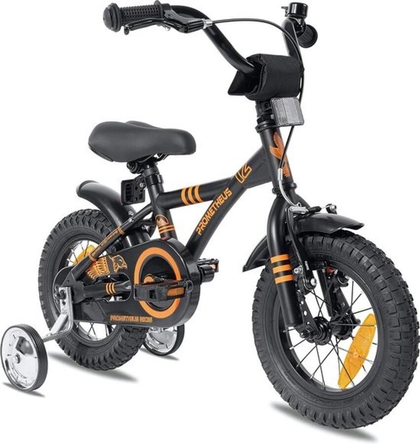 Kinderfiets 12 inch fiets van 3 jaar met zijwieltjes terugtraprem in zwart mat oranje BMX