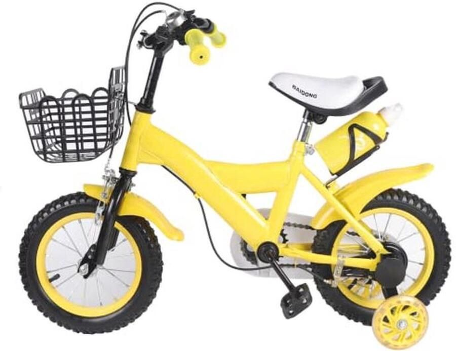 Kinderfiets 12 inch geel met opberg d en steunwielen voor en