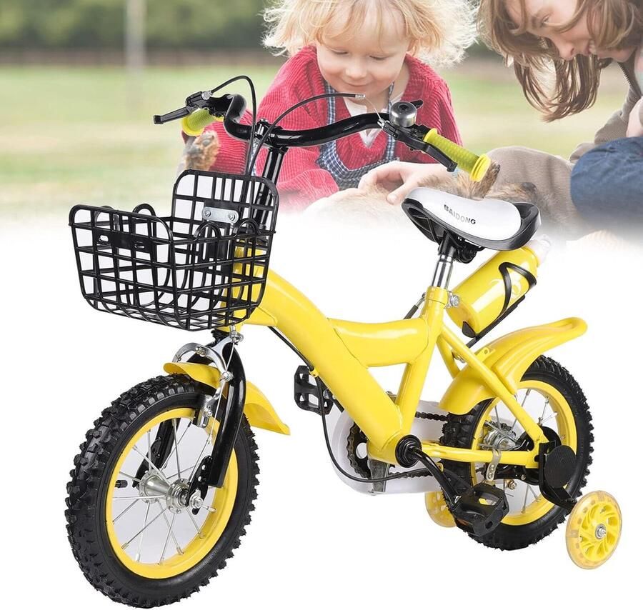 Kinderfiets 12 inch Loopfiets met steunwielen Leren fietsen Dubbele rem 12 inch Geel