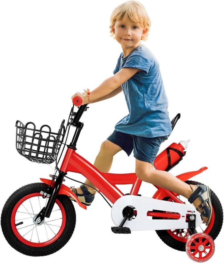 Kinderfiets 12 inch Loopfiets Steunwielen Leren Fietsen Verstelbaar Zadel 80-95 cm Hoogte Rood Zwart