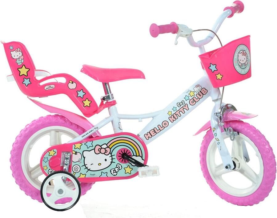 Kinderfiets 12 inch Meisjesfiets met Zijwieltjes en Mand Hello Kitty Thema